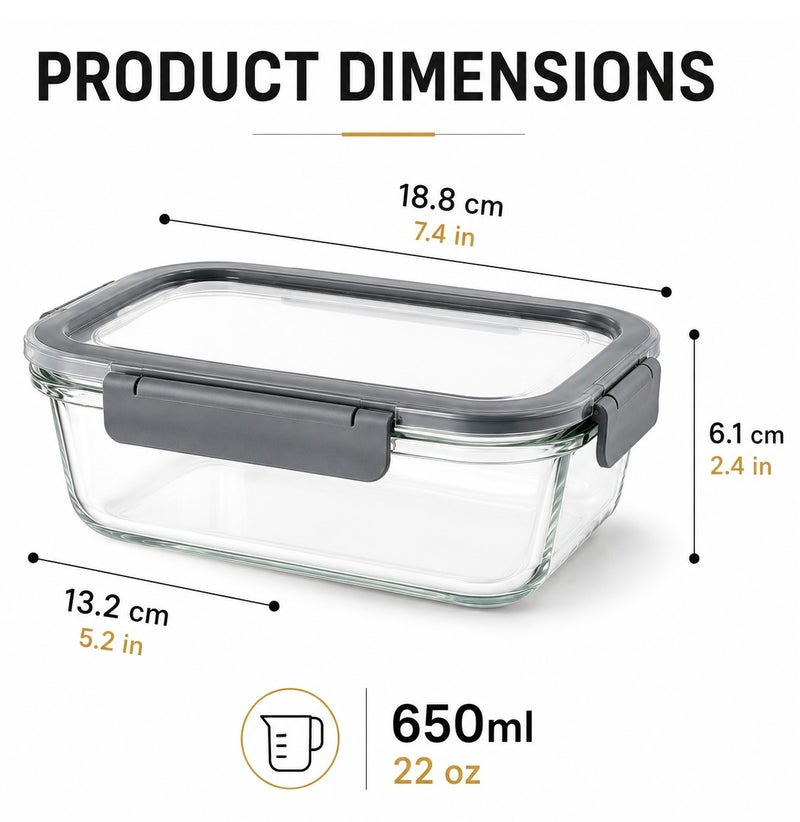 طقم حاويات طعام زجاجية سعة 650 مل عدد 10، أغطية محكمة الإغلاق ومقاومة للتسرب، زجاج بوروسيليكات، خالٍ من BPA، آمن للميكروويف والفريزر وغسالة الصحون، حاويات تخزين طعام قابلة للتكديس، زجاج شفاف مع غطاء رمادي - Image 2