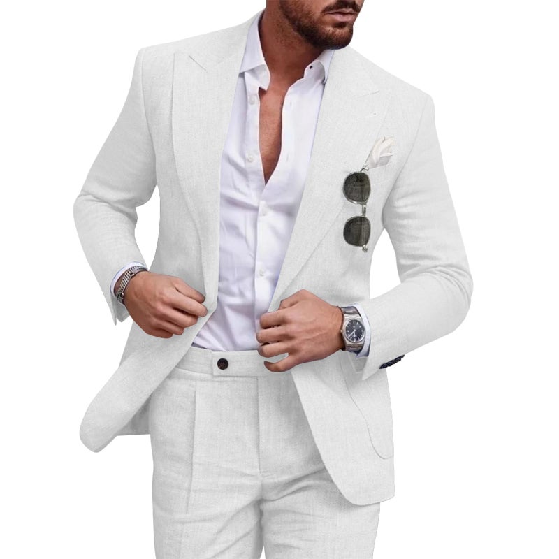 Diaryan Linen Mens Suit Casual Tuxedo 2 Piece Regular Fit White Blazer One Button Solid Jacket Pants for Party Wedding S