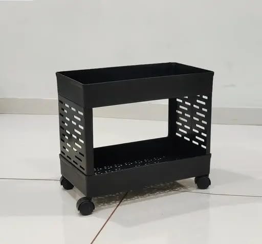 MASHUR FAB 2-Layer Slim Kitchen Storage Rack with Wheels | Multipurpose Plastic Organizer Shelf for Fruits, Vegetables & Bottles | Compact Trolley Rack for Pantry, Bathroom & Home (Black) - Image 2