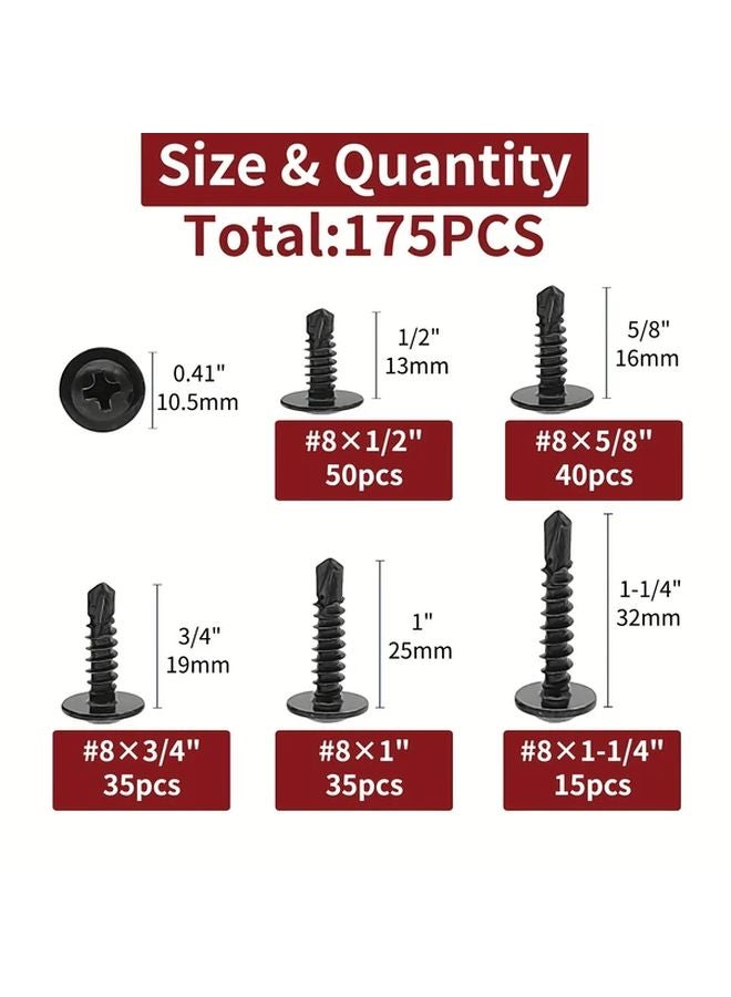 175 Pcs Self Drilling Tek Screw Assortment Kit 410 Stainless Steel Black Oxide For Metal - Image 3