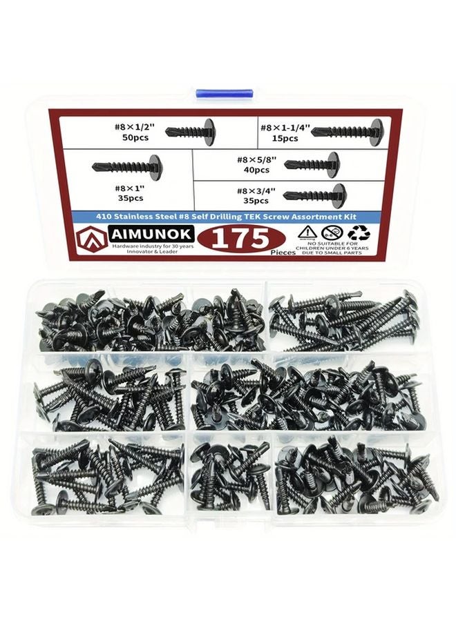 175 Pcs Self Drilling Tek Screw Assortment Kit 410 Stainless Steel Black Oxide For Metal - Image 1