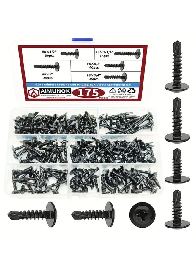175 Pcs Self Drilling Tek Screw Assortment Kit 410 Stainless Steel Black Oxide For Metal - Image 2