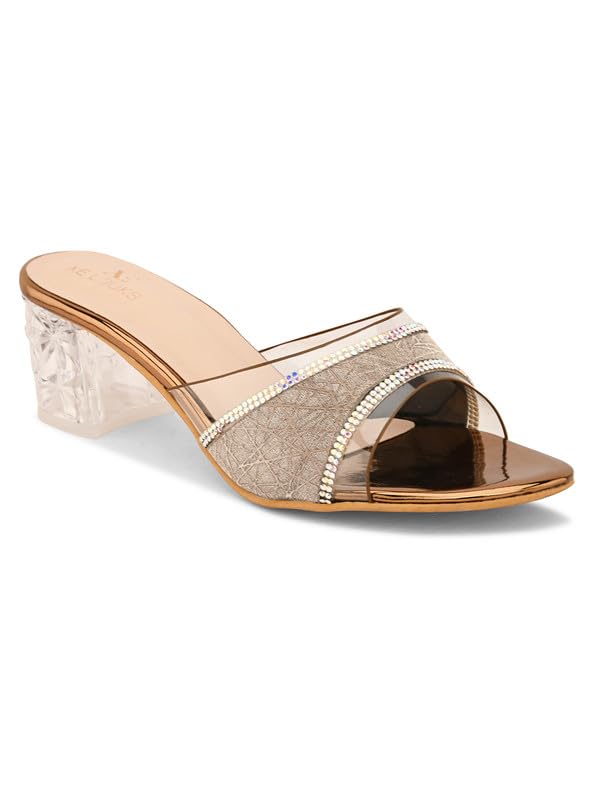 XE Looks Women's Copper Block Heel Sandals | Stylish Transparent Crystal Heels with Glitter Finish Upper | Comfortable Cushioned Footbed | Slip-On Design Heel Sandals For Girls & Women - Image 5