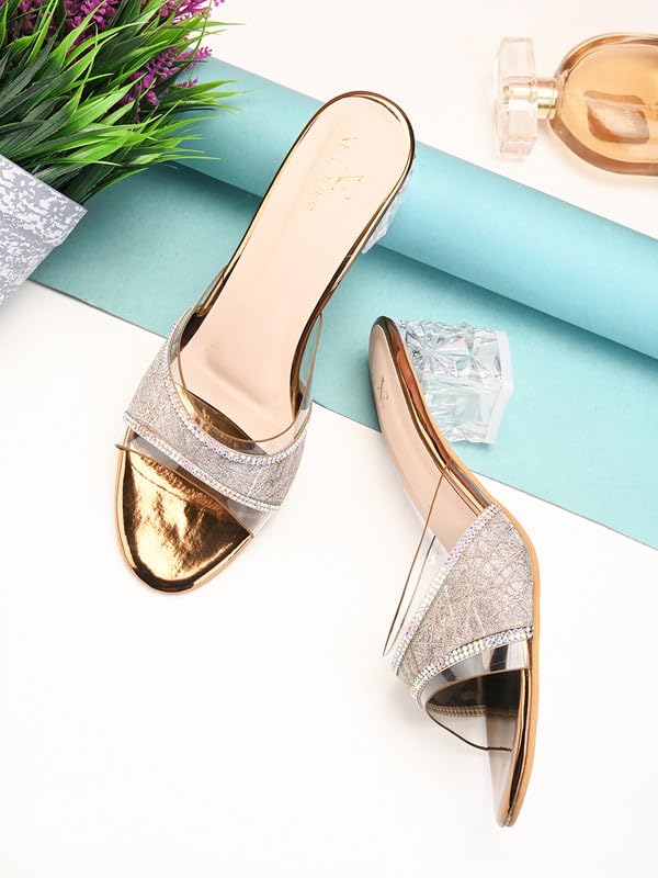 XE Looks Women's Copper Block Heel Sandals | Stylish Transparent Crystal Heels with Glitter Finish Upper | Comfortable Cushioned Footbed | Slip-On Design Heel Sandals For Girls & Women - Image 2