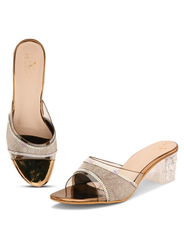 XE Looks Women's Copper Block Heel Sandals | Stylish Transparent Crystal Heels with Glitter Finish Upper | Comfortable Cushioned Footbed | Slip-On Design Heel Sandals For Girls & Women - Image 1