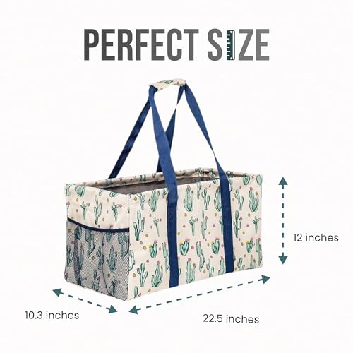 Lucazzi Extra Large Utility Tote Bag, Oversized Collapsible Reusable Wire Frame Rectangular Canvas Basket With Two Exterior Pockets For Beach, Pool, Laundry, Car Trunk, Storage - Cactus White - Image 4