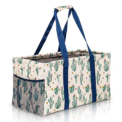 Lucazzi Extra Large Utility Tote Bag, Oversized Collapsible Reusable Wire Frame Rectangular Canvas Basket With Two Exterior Pockets For Beach, Pool, Laundry, Car Trunk, Storage - Cactus White - Image 1