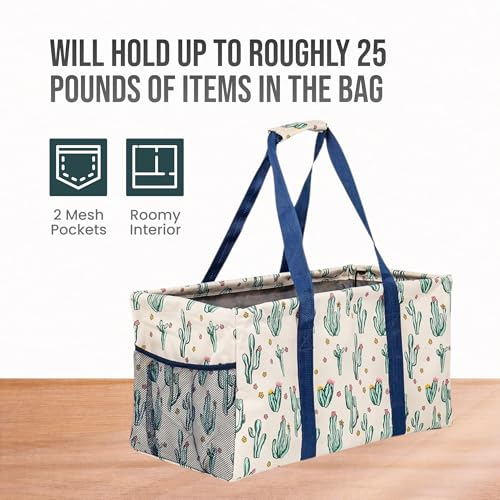 Lucazzi Extra Large Utility Tote Bag, Oversized Collapsible Reusable Wire Frame Rectangular Canvas Basket With Two Exterior Pockets For Beach, Pool, Laundry, Car Trunk, Storage - Cactus White - Image 5