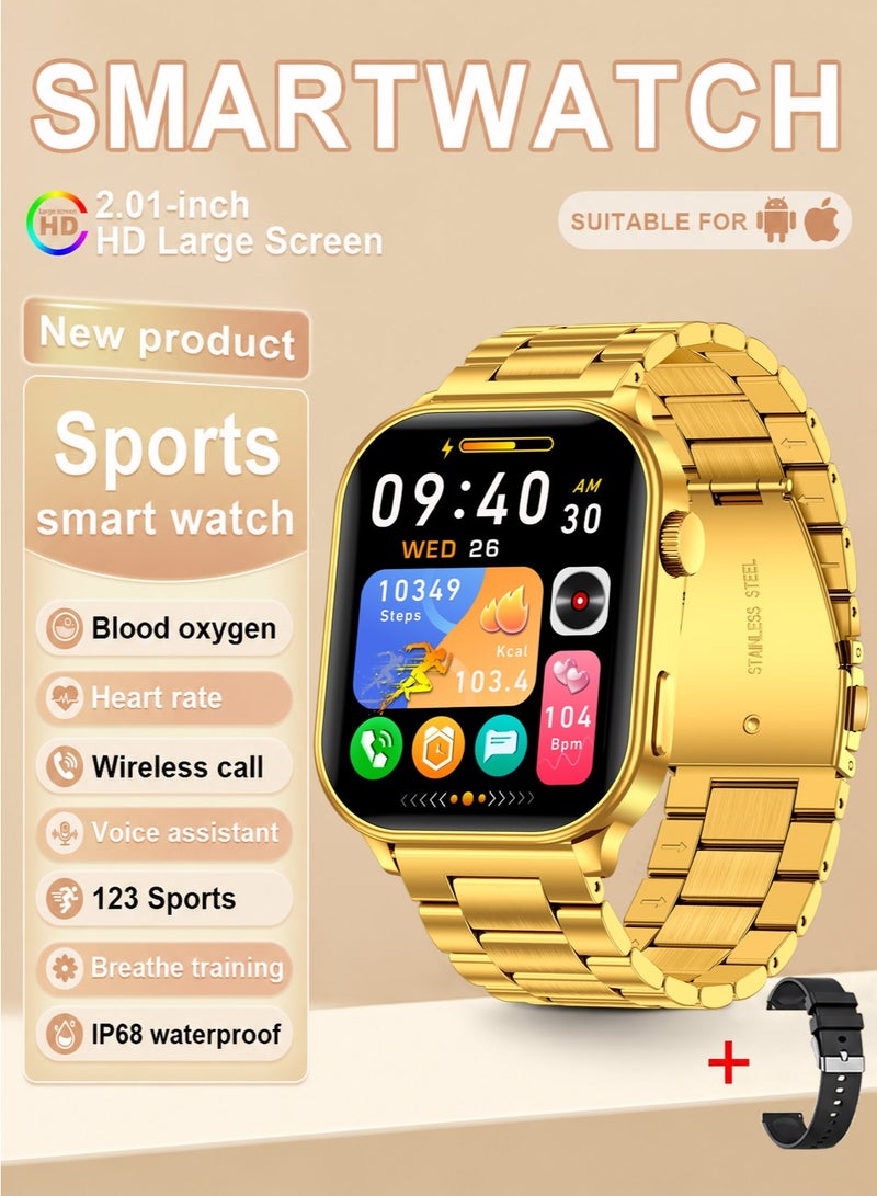 LIGE Top Brand Luxury Men's Smartwatches 2.01-Inch HD Large Screen, Zinc Alloy Case, 100+Sports Mode And Heart Rate Monitoring, 15 Days Long Standby Battery Life, IP68 Waterproof Smart Watches For Men Gold - Image 1