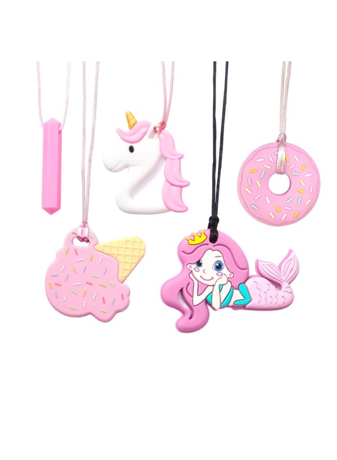 ZOCONE 5 PCS Chew Toys for Autistic Children, Food Grade Silicone Sensory Chew Necklace Chewy Toys for Autism Kids Safety Cute Chewing Necklaces for ADHD Toddlers Boys Girls with Teething