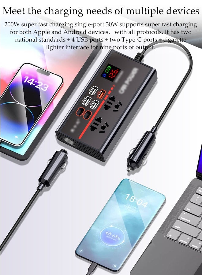 DUNISO Power Inverter 200 W for Car , Multiple Power Supply at the Same Time,4 USB and 2 Type-C Ports Charger Adapter Car Plug Converter with  LED Digital Screen - Image 3