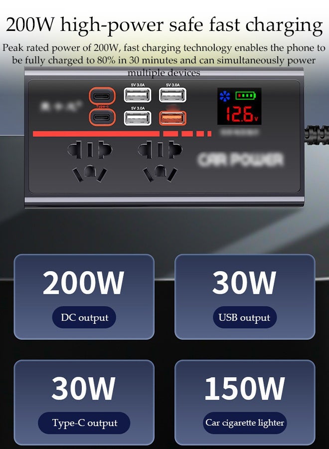 DUNISO Power Inverter 200 W for Car , Multiple Power Supply at the Same Time,4 USB and 2 Type-C Ports Charger Adapter Car Plug Converter with  LED Digital Screen - Image 5