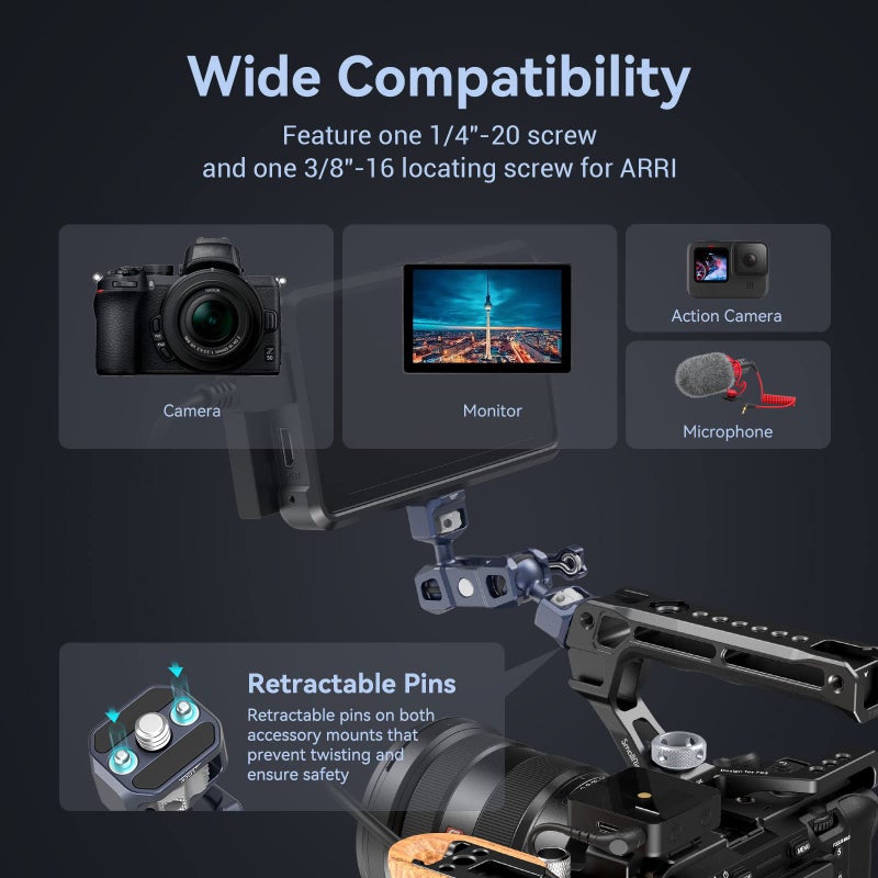 SmallRig Articulating Magic Arm with 3/8"-16 Locating Screw for ARRI and 1/4"-20 Screw (with Retractable Pins), 360 Degree Rotation, Max Load of 12 Ib Magic Arm for Monitor, Camera, and Lights 3874 - Image 3
