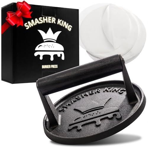 SMASHER KING™ - مكبس برجر سموشر من الحديد الزهر الفاخر مع 25 قطعة من ورق البرجر، مكبس برجر للشواية مع مقبض خشبي أسود، مكبس برجر مثالي - Image 1