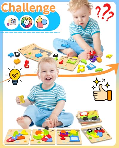 Oomloid Wooden Puzzles Toddler Toys for 1 2 3 Years Old Boys Girls 6 Vehicle Shape Learning Educational Blocks Birthday Gifts Sensory Toy Montessori Toys Age 13 24 - Image 5