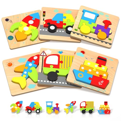 Oomloid Wooden Puzzles Toddler Toys for 1 2 3 Years Old Boys Girls 6 Vehicle Shape Learning Educational Blocks Birthday Gifts Sensory Toy Montessori Toys Age 13 24 - Image 1
