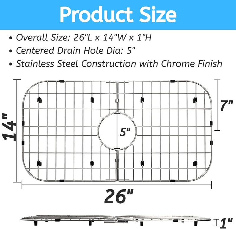Youeon Stainless Steel Sink Protector Grid 26" x 14", Foldable Kitchen Sink Bottom Grid with Centered Drain Hole, Rust-Resistant Sink Rack for Dishes, Pots, and Glassware - Image 2