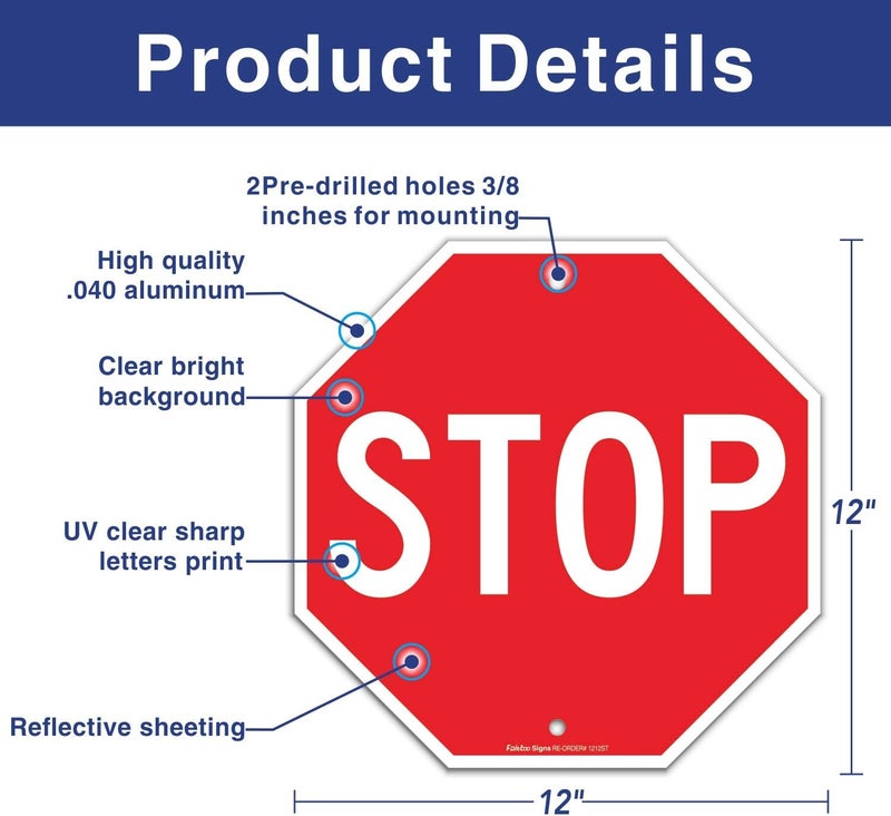 Faittoo Stop Sign, Street Slow Warning Reflective Signs, 12 x 12 Inches Octagon, .040 Rust Free Aluminum, UV Protected and Waterproof, Weather Resistant, Durable Ink, Easy to Mount - Image 2