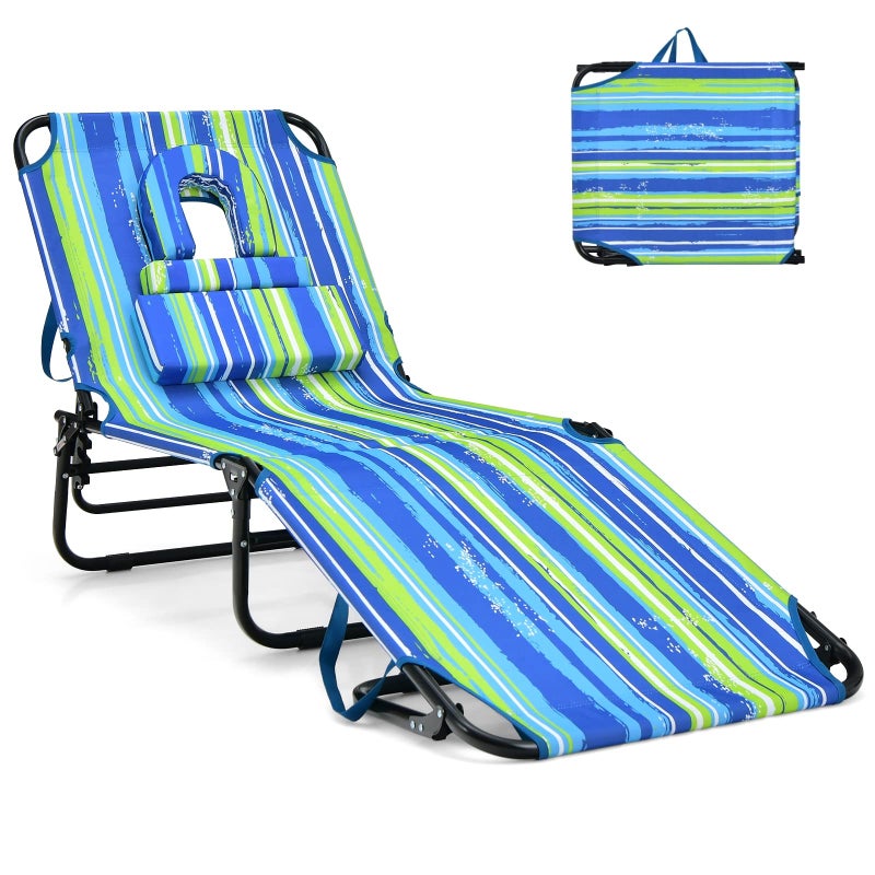 GYMAX Tanning Chair, 330lbs Beach Lounge Chair with Face Hole, Washable Pillow & Carry Strap, Adjustable Folding Chaise Lounge, Layout Chair for Outside, Patio, Poolside, Lawn (1, Stripe) - Image 1