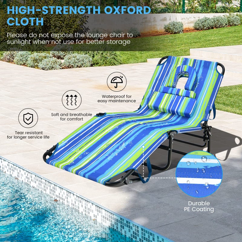 GYMAX Tanning Chair, 330lbs Beach Lounge Chair with Face Hole, Washable Pillow & Carry Strap, Adjustable Folding Chaise Lounge, Layout Chair for Outside, Patio, Poolside, Lawn (1, Stripe) - Image 4