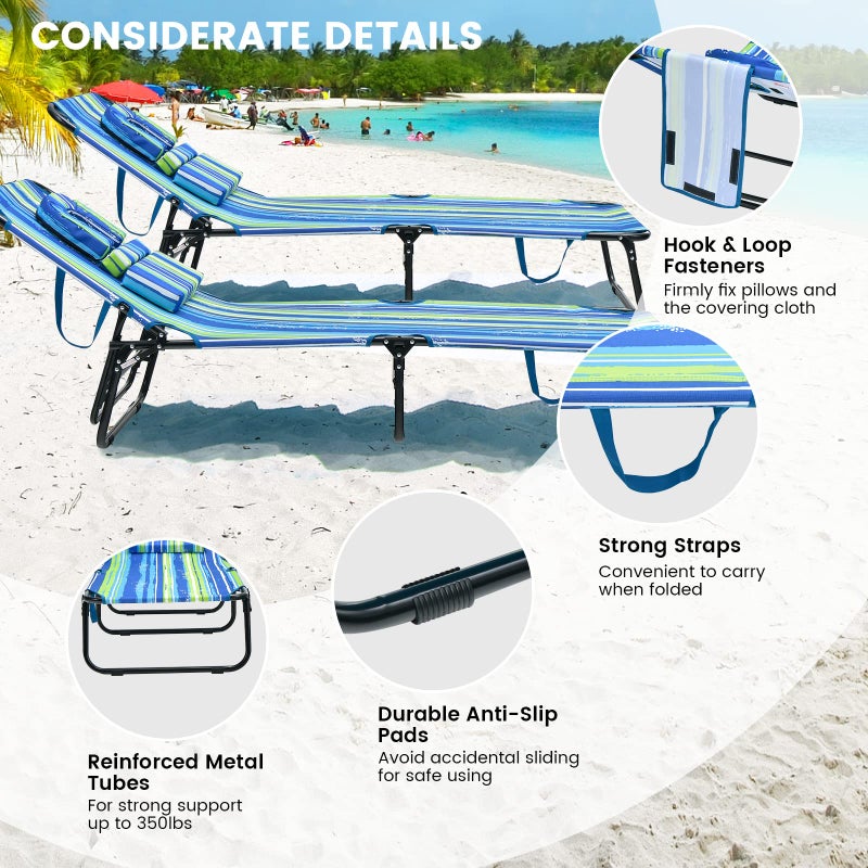 GYMAX Tanning Chair, 330lbs Beach Lounge Chair with Face Hole, Washable Pillow & Carry Strap, Adjustable Folding Chaise Lounge, Layout Chair for Outside, Patio, Poolside, Lawn (1, Stripe) - Image 5