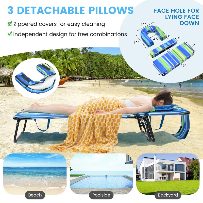GYMAX Tanning Chair, 330lbs Beach Lounge Chair with Face Hole, Washable Pillow & Carry Strap, Adjustable Folding Chaise Lounge, Layout Chair for Outside, Patio, Poolside, Lawn (1, Stripe) - Image 3