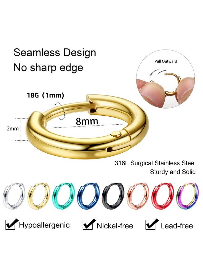 Jstyle Jstyle 8 Pairs 316L Surgical Stainless Steel Small Hoop Earrings for Men Women Hypoallergenic Huggie Hoop Earrings Cartilage Helix Lobes Sleeper Hoop Earrings Set 18G 8mm  - Image 2
