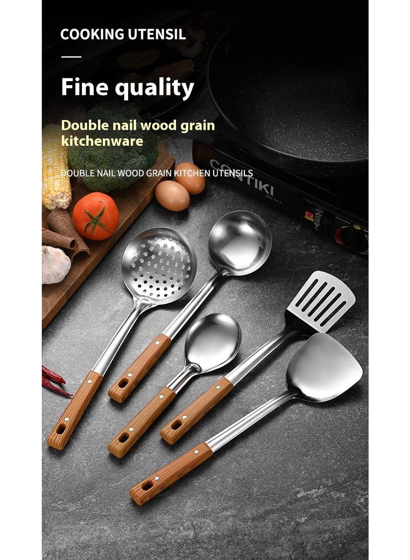 Bluejw أدوات مطبخ متعددة الوظائف من الفولاذ المقاوم للصدأ 5 قطع تشمل مجرفة، ملعقة حساء، ملعقة تقليب، مصفاة، ملعقة أرز بمقبض خشبي هدية للطهي - Image 2