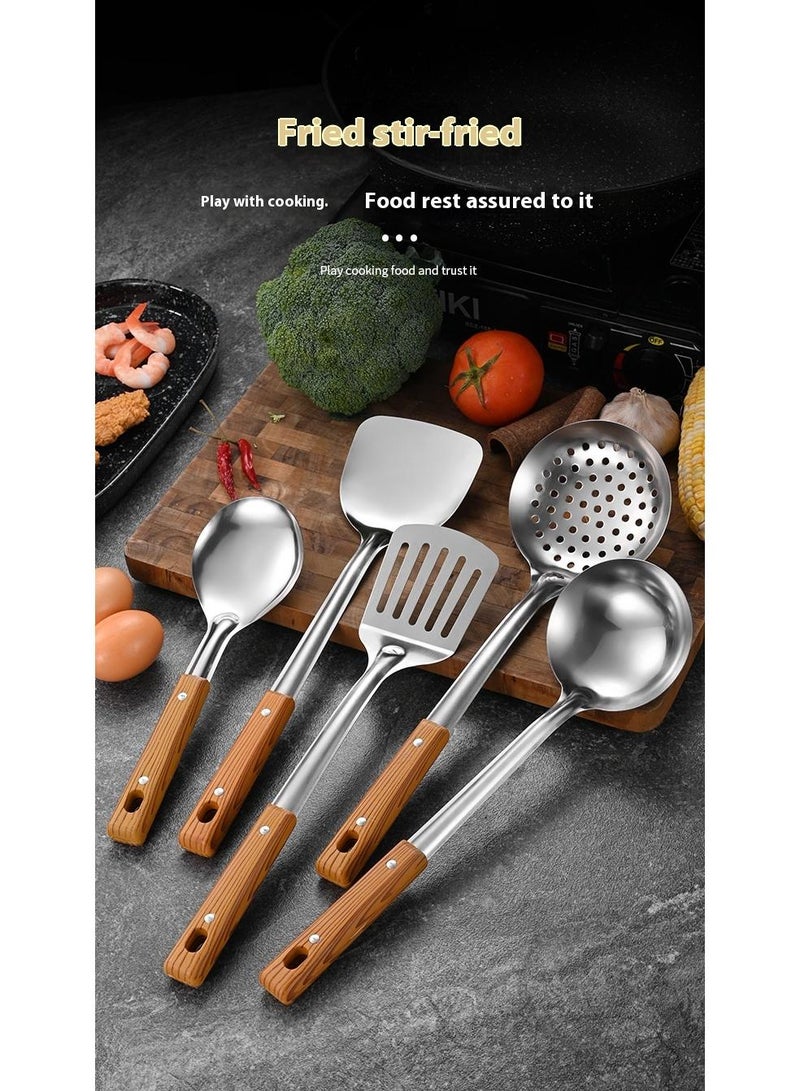Bluejw أدوات مطبخ متعددة الوظائف من الفولاذ المقاوم للصدأ 5 قطع تشمل مجرفة، ملعقة حساء، ملعقة تقليب، مصفاة، ملعقة أرز بمقبض خشبي هدية للطهي - Image 5