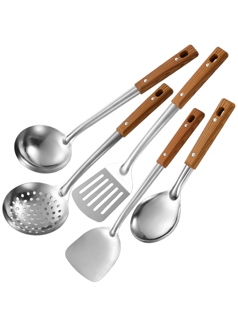 Bluejw أدوات مطبخ متعددة الوظائف من الفولاذ المقاوم للصدأ 5 قطع تشمل مجرفة، ملعقة حساء، ملعقة تقليب، مصفاة، ملعقة أرز بمقبض خشبي هدية للطهي - Image 1