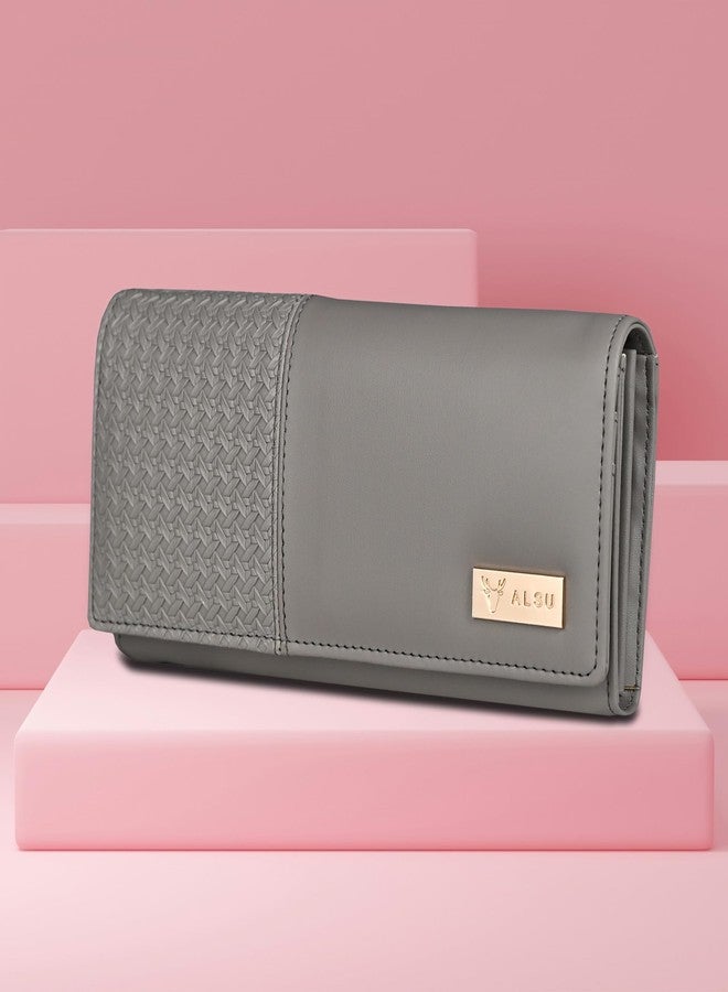 ALSU Women's Faux Leather Hand Wallet Clutch Trendy | 6 Card Slots | Phone Pocket | Zipper Pockets| Hand Purse (Grey) - Image 2