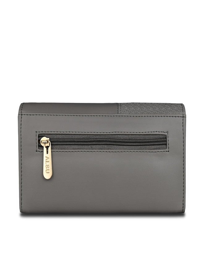 ALSU Women's Faux Leather Hand Wallet Clutch Trendy | 6 Card Slots | Phone Pocket | Zipper Pockets| Hand Purse (Grey) - Image 3