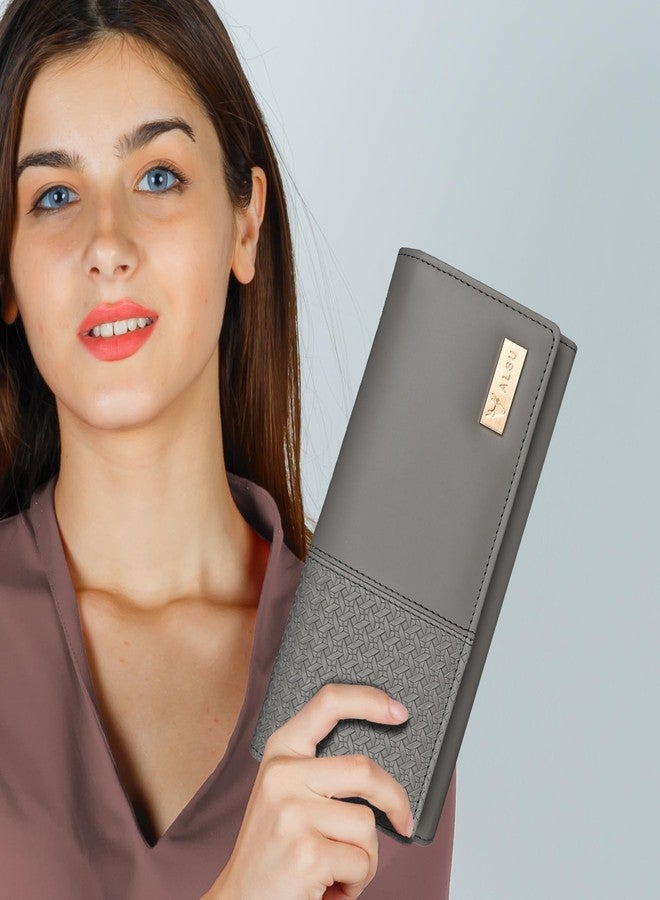 ALSU Women's Faux Leather Hand Wallet Clutch Trendy | 6 Card Slots | Phone Pocket | Zipper Pockets| Hand Purse (Grey) - Image 4