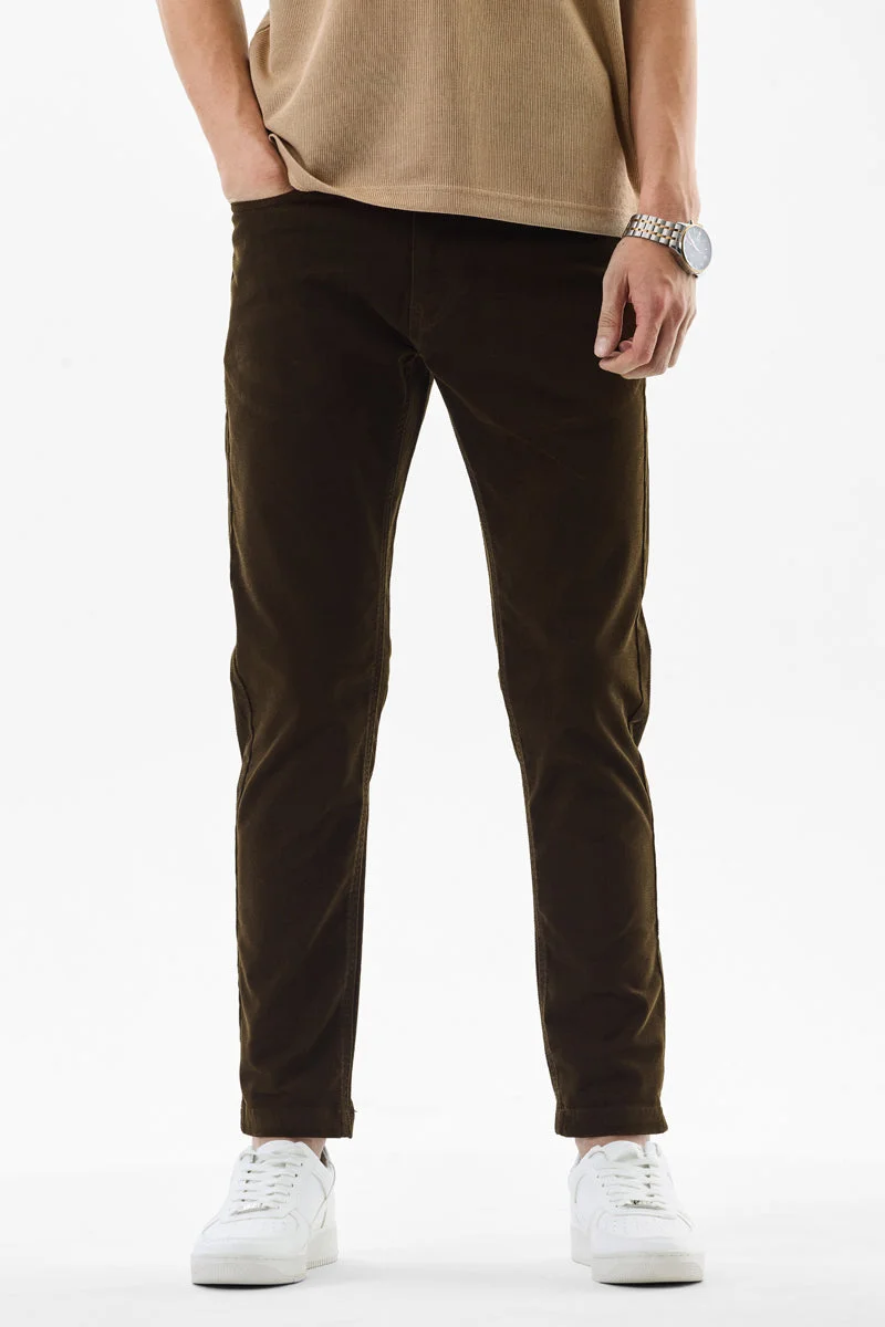 سنيتش Dark Brown Textured Slim Fit Casual Trousers