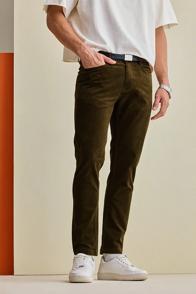 سنيتش Dark Brown Textured Slim Fit Casual Trousers