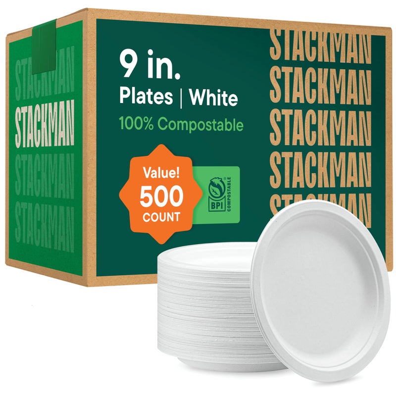 Stack Man 100% Compostable Paper Plates 9 Inch [500 Count] Heavy-Duty Dinner Plates - White Bagasse - Eco-Friendly Disposable Biodegradable Sugarcane Plates - [Bulk Case 4 x 125 Pack] - (BPI Certified) - Image 1
