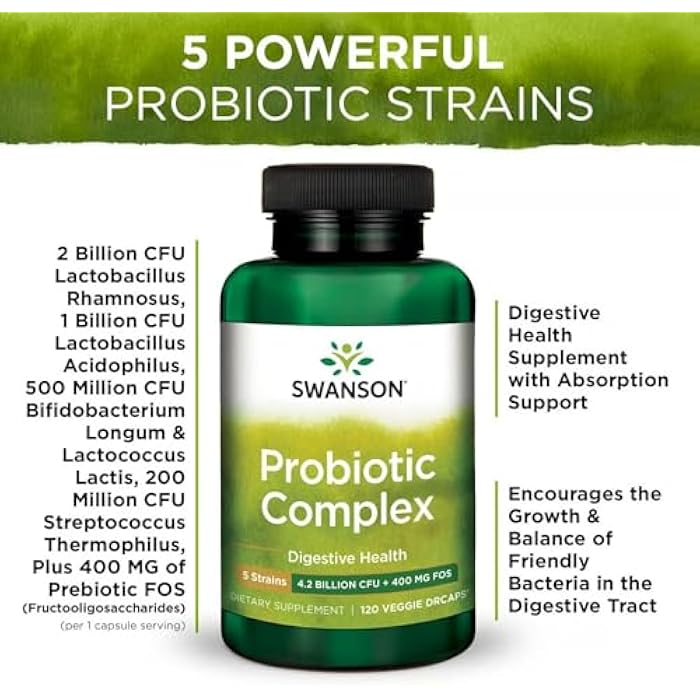 Swanson Probiotic Complex 4.2 Billion CFU 5-Strain Digestive Health Fat Metabolism Satiety Prebiotic FOS Complex Supplement 120 Veggie DRcaps - Image 5