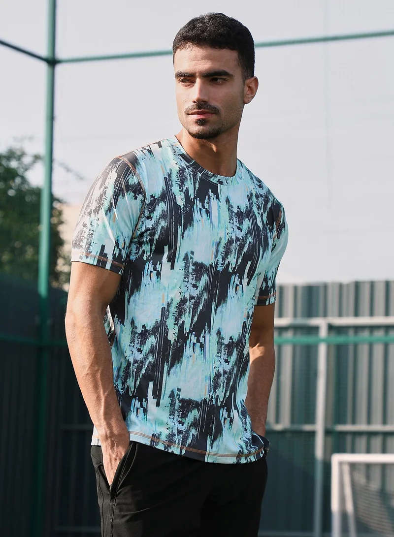 CAHOOT  Men's Baby Blue & Charcoal Black Abstract-Brush Activewear T-Shirt for Men | Best Price UAE