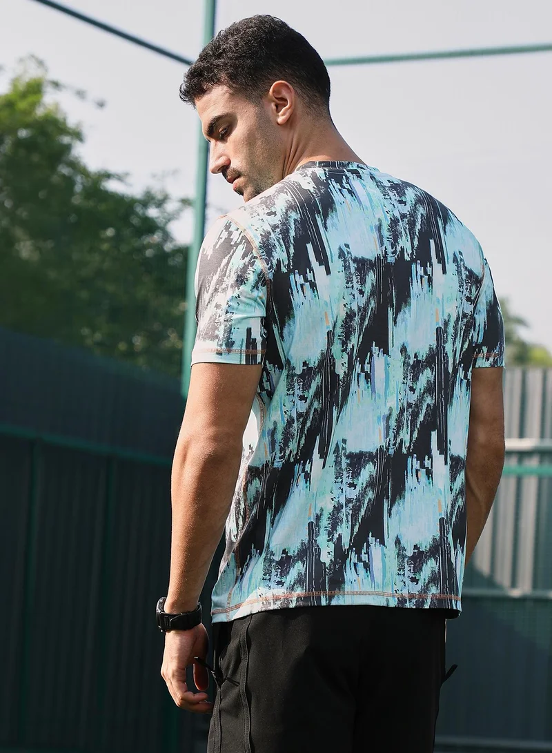 CAHOOT  Men's Baby Blue & Charcoal Black Abstract-Brush Activewear T-Shirt for Men | Best Price UAE