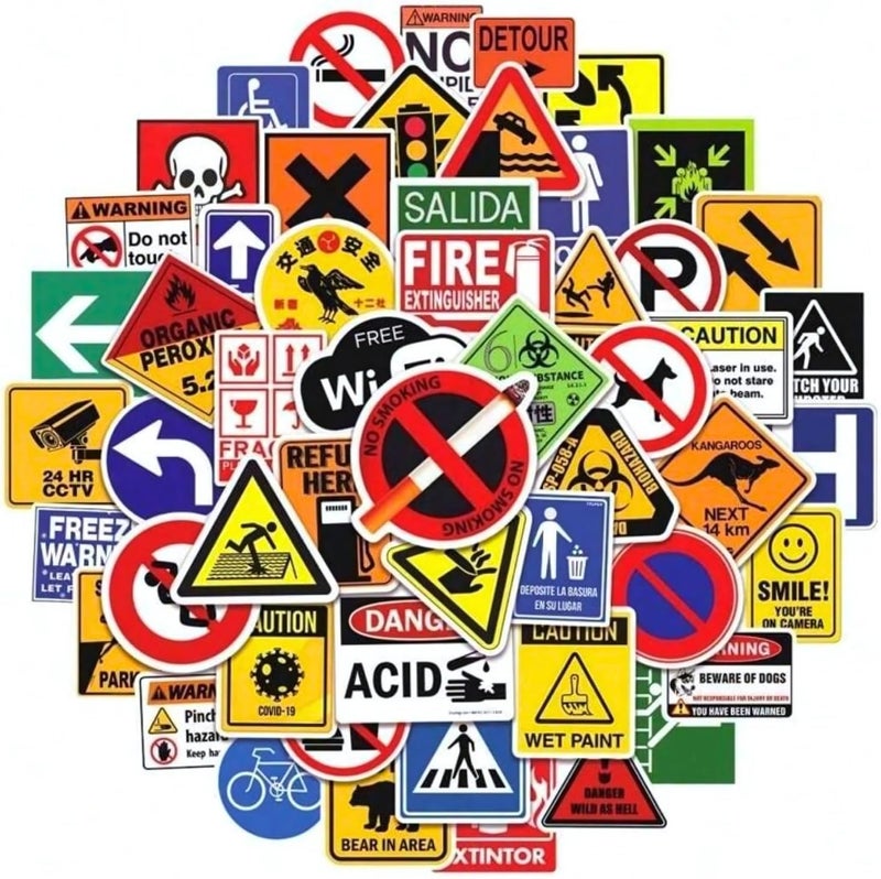 Traffic Signs Danger Warning Comic Computer Stickers Vinyl Stickers for Car Bike Laptop Skateboard Luggage Decal Graffiti Patches Stickers 100 pcs Warning Sign Style - Image 1