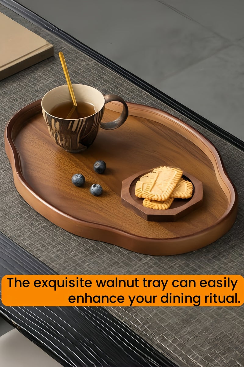 nihao 2 Pcs Large Black Walnut Wood Tray Set, Serve Tea, Coffee, Classic Circular Wooden Decorative Serving Tray with Raised Edges(Black Walnut-29*21*2.3CM+37**26*2.3CM) - Image 2