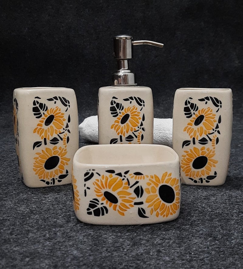 Kaolinite Ceramic Bathroom Accessories Set for Utility and Bathroom Decor | Liquid Soap Dispenser, soap Tray, Toothbrush Holder Hand Crafted/Haand Painted Sunflower Print - Image 1
