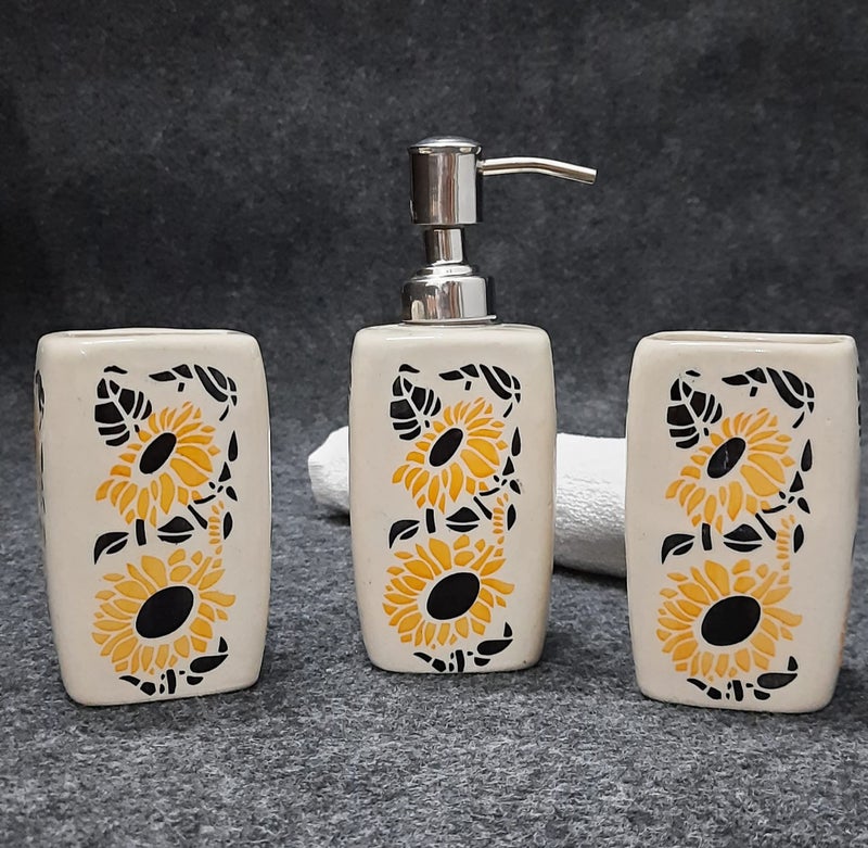 Kaolinite Ceramic Bathroom Accessories Set for Utility and Bathroom Decor | Liquid Soap Dispenser, soap Tray, Toothbrush Holder Hand Crafted/Haand Painted Sunflower Print - Image 2