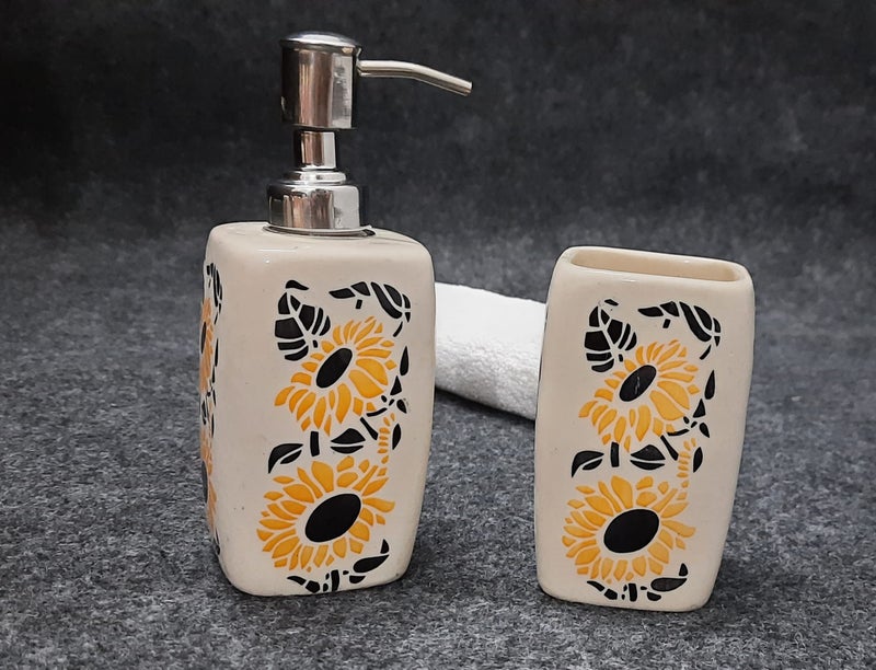 Kaolinite Ceramic Bathroom Accessories Set for Utility and Bathroom Decor | Liquid Soap Dispenser, soap Tray, Toothbrush Holder Hand Crafted/Haand Painted Sunflower Print - Image 3