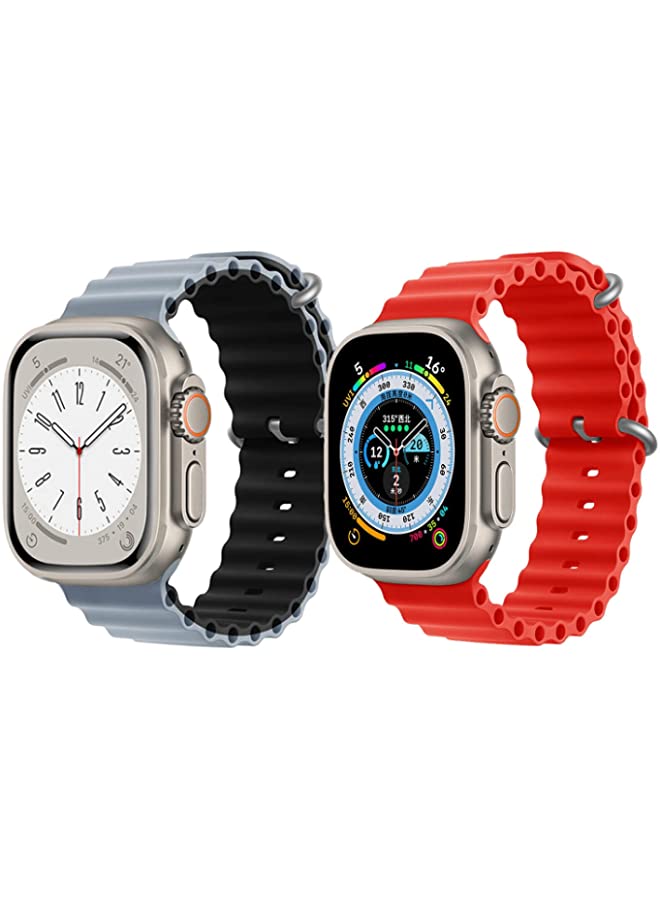 IAF Silicone Ocean Band Strap for Apple Watch Ultra 8 49mm Light Blue/Black Double Side Strap with Red Single Color Strap Set of 2
