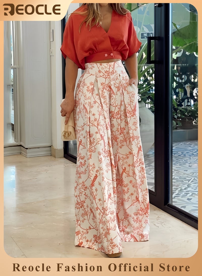 REOCLE 2 Pcs Sets for Women Summer Going Out Deep V-neck Plus Size Loose Fit Cropped Tops and Wide Leg Palazzo Pants  - Image 1