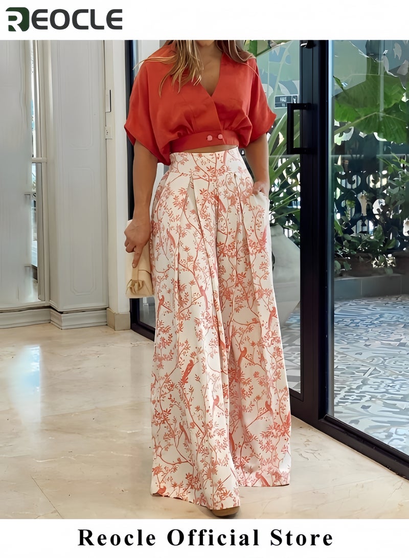 REOCLE 2 Pcs Sets for Women Summer Going Out Deep V-neck Plus Size Loose Fit Cropped Tops and Wide Leg Palazzo Pants  - Image 2