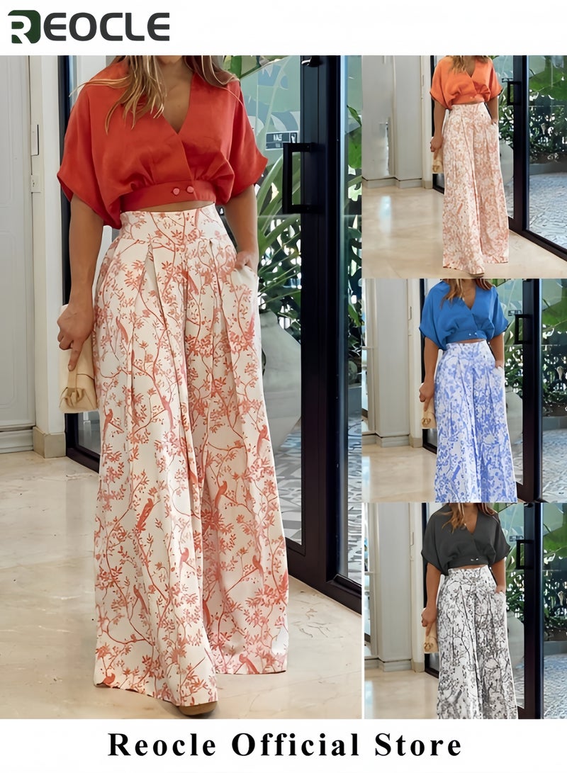 REOCLE 2 Pcs Sets for Women Summer Going Out Deep V-neck Plus Size Loose Fit Cropped Tops and Wide Leg Palazzo Pants  - Image 3
