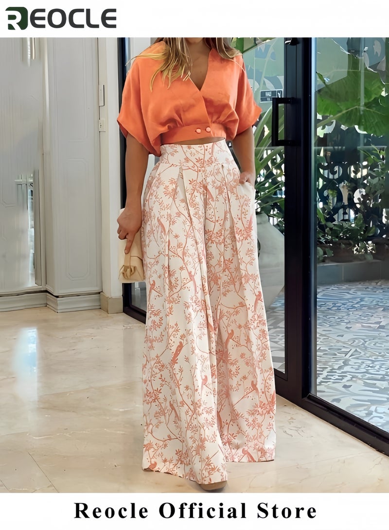 REOCLE 2 Pcs Sets for Women Summer Going Out Deep V-neck Plus Size Loose Fit Cropped Tops and Wide Leg Palazzo Pants  - Image 4