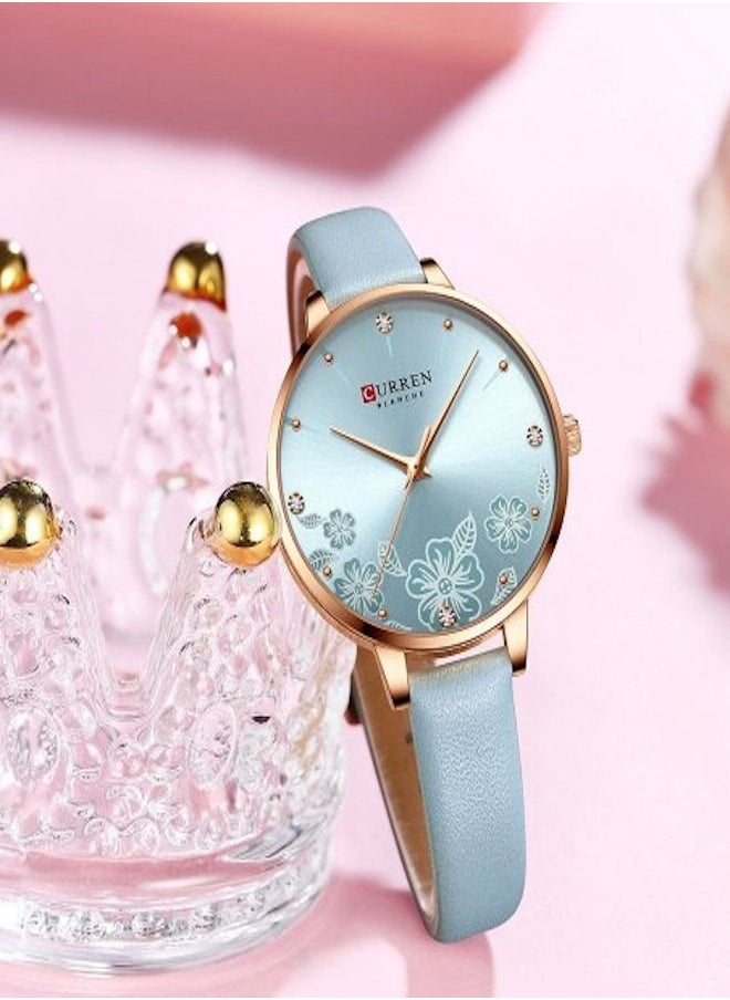 CURREN - Curren 9068 Female Small Dial Quartz Watch Waterproof Casual Leather Wristwatch - Pastel Blue - Image 1